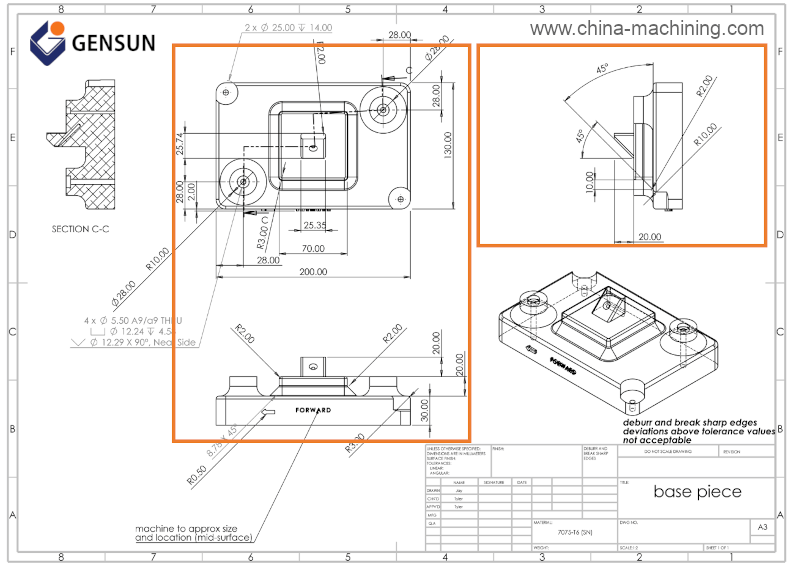 Technical drawing showing orthographic view
